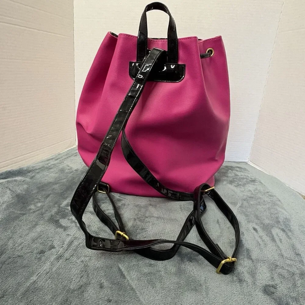 Y2kJuicy Couture Hot Pink Drawstring Bucket Backpack Gold Hardware Black Straps